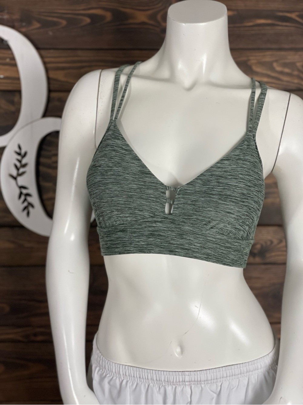 All in Motion Seamless Heathered Green Padded Sports Bra Open Strappy Back